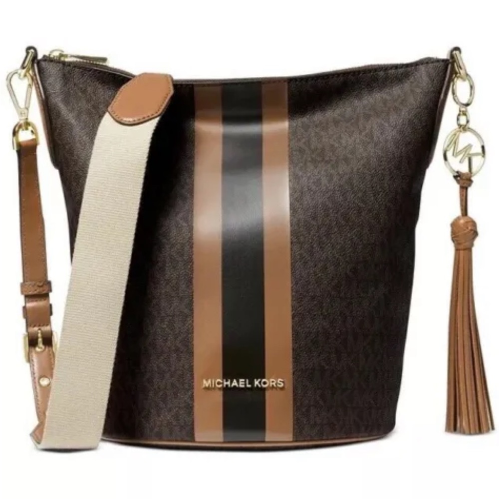 Michael Kors Brooke Medium Brown/Acorn/Gold Leather Zip Bucket Messenger